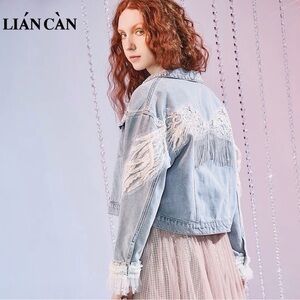Women's Blue Jean Jacket with Angel Wings，with silver Tassel and Lace detsils